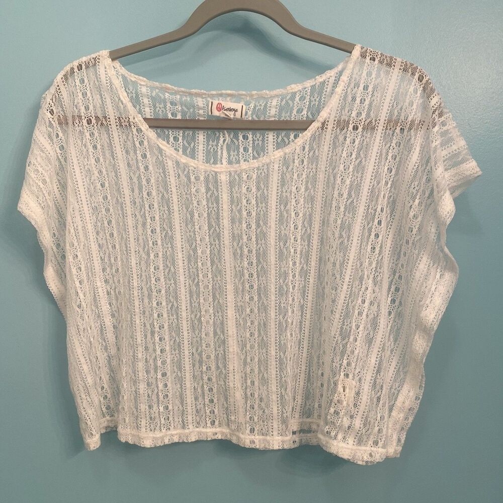 White Lace Crop Top Knit Boho Festival Sheer Shirt Overlay Layer Coquette S